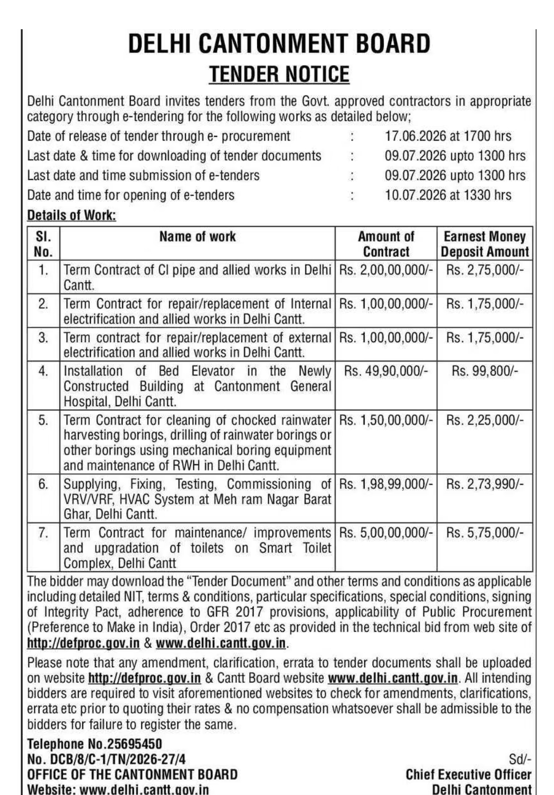 Delhi Cantonment Board – Tender Notice (2026–27)