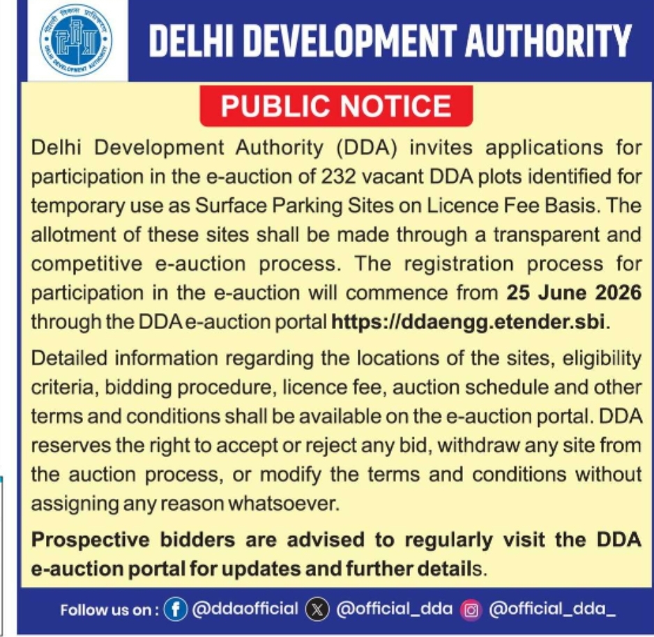 Delhi Development Authority (DDA) Invites Applications for E-Auction of Surface Parking Sites