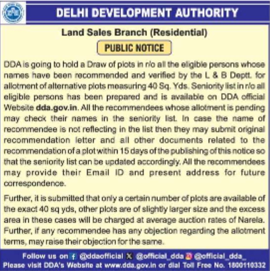 Delhi Development Authority (DDA) Public Notice