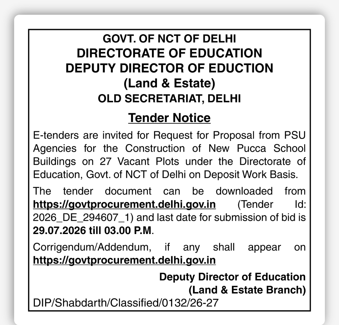 Delhi Directorate of Education Invites E-Tender for Construction of 27 New School Buildings