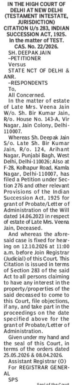 Delhi High Court Citation Notice – Probate / Letter of Administration