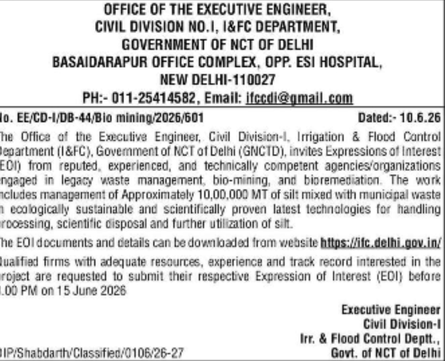 Delhi I&FC Department Invites EOI for Bio-Mining and Legacy Waste Management of 10 Lakh MT Silt Mixed Waste