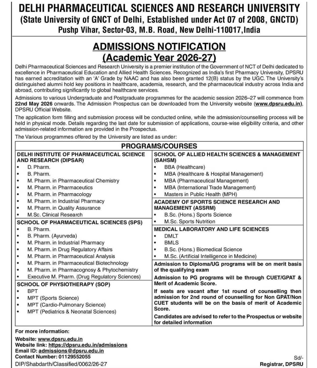 DELHI PHARMACEUTICAL SCIENCES AND RESEARCH UNIVERSITY (DPSRU) ADMISSIONS 2026-27 NOTIFICATION