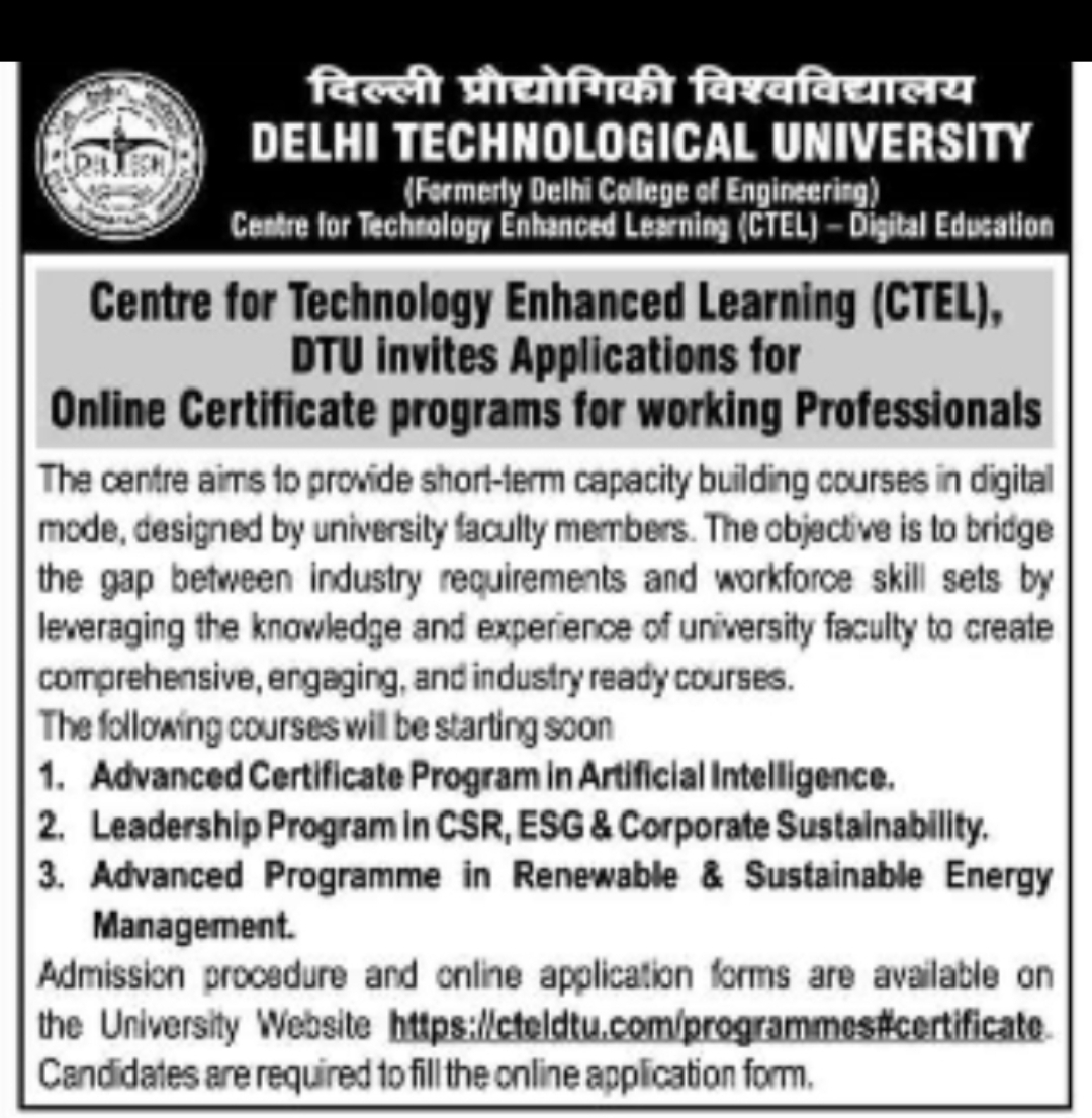 Delhi Technological University (CTEL) – Online Certificate Programs for Working Professionals