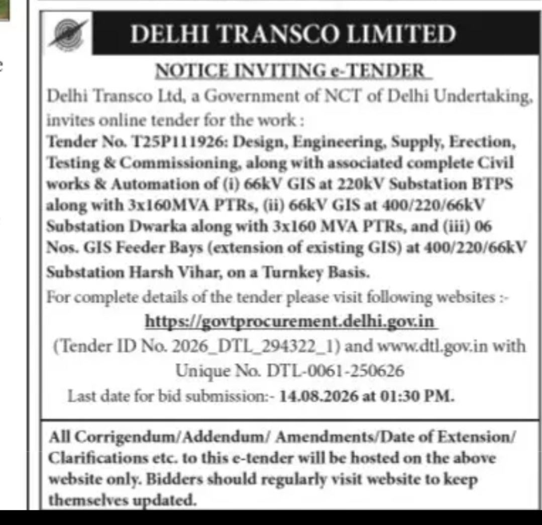 Delhi Transco Limited – Notice Inviting e-Tender