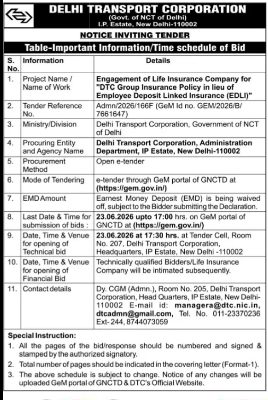 DELHI TRANSPORT CORPORATION (DTC) – NOTICE INVITING TENDER