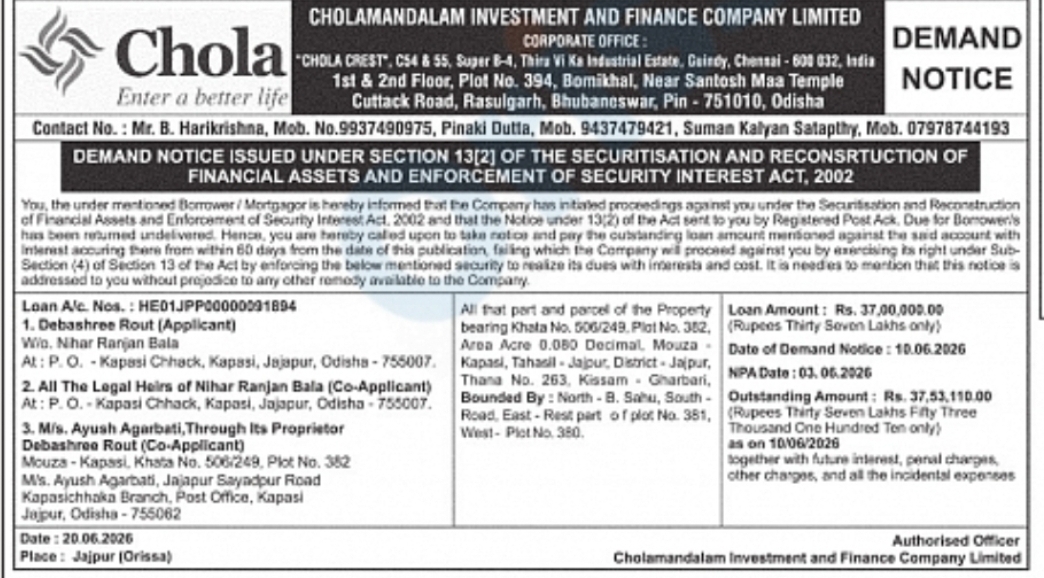 Demand Notice – Cholamandalam Investment and Finance Company Ltd.