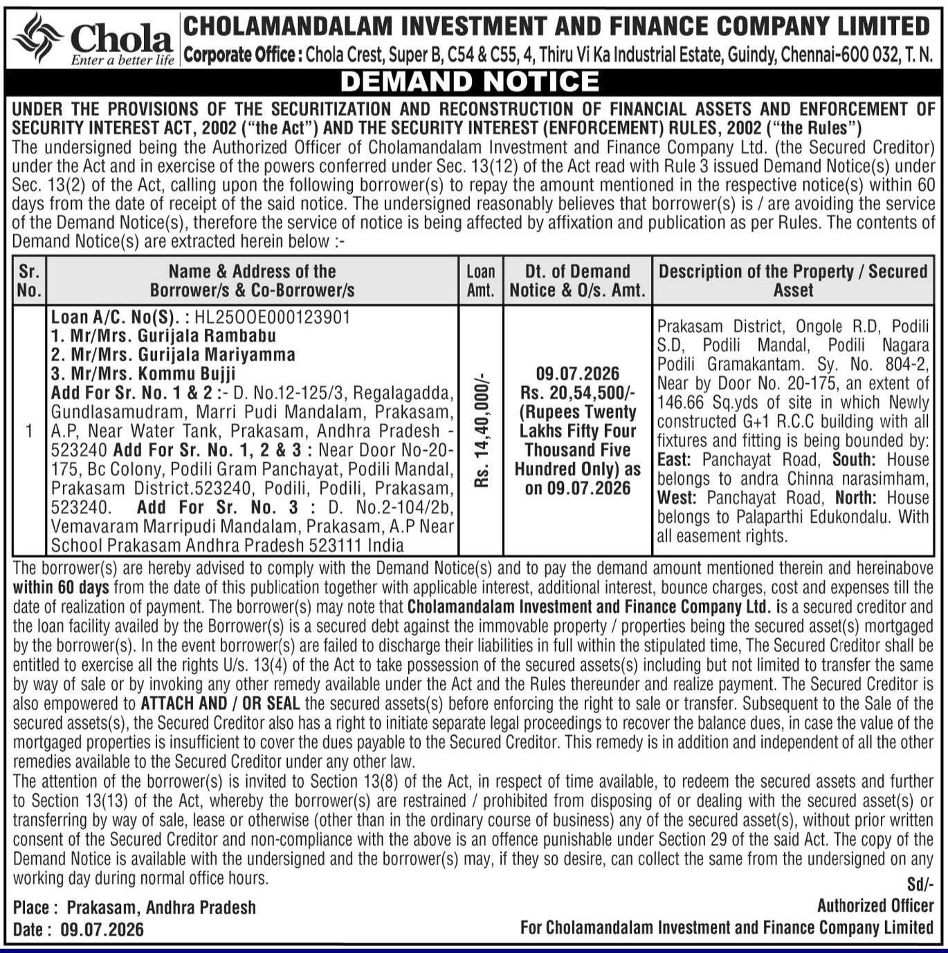 Demand Notice – Cholamandalam Investment and Finance Company Ltd.