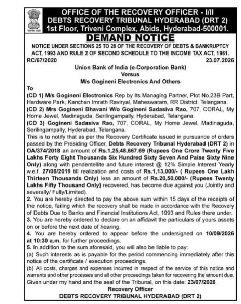 Demand Notice – Debts Recovery Tribunal Hyderabad (DRT-II) – Union Bank of India vs M/s Gogineni Electronics and Others