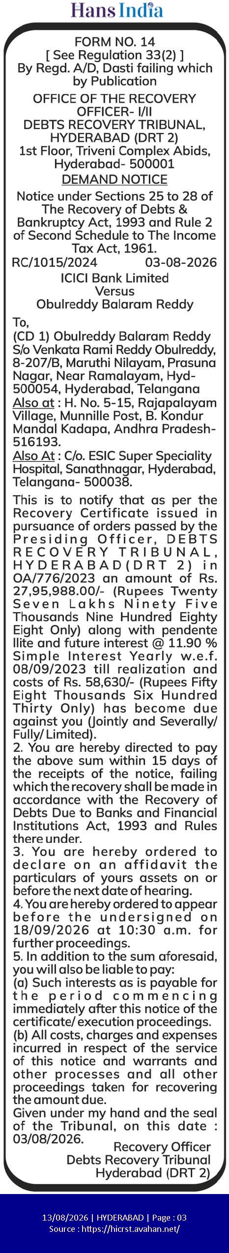 DEMAND NOTICE — ICICI BANK LIMITED VS. OBULREDDY BALARAM REDDY