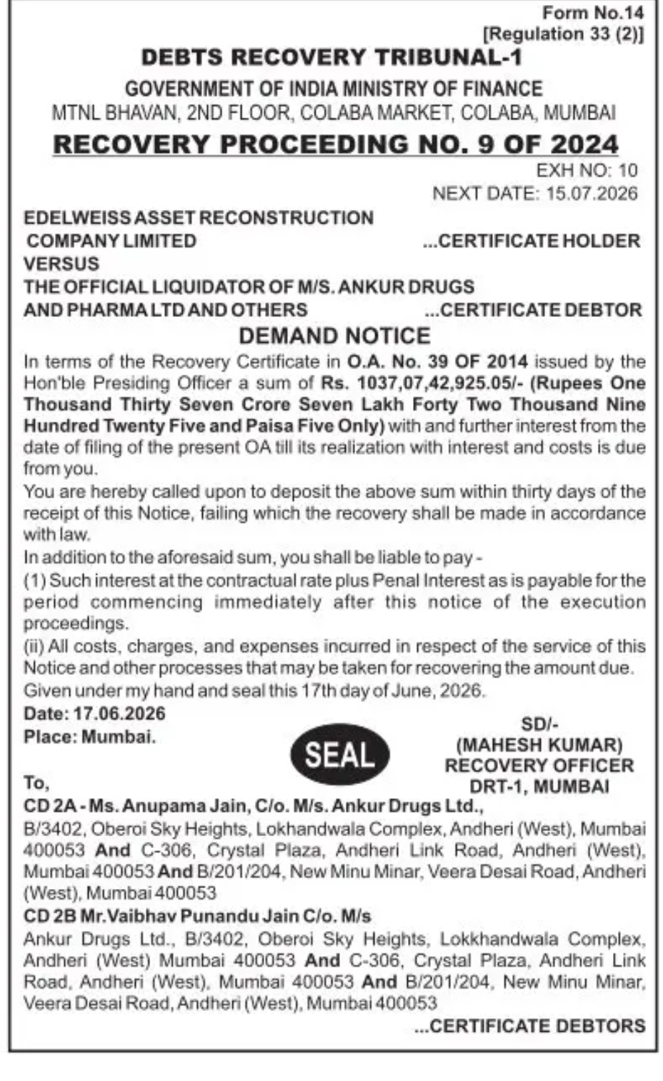 DEMAND NOTICE – RECOVERY PROCEEDINGS (DRT-1, MUMBAI)