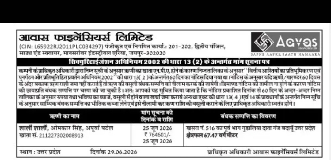 DEMAND NOTICE / SARFAESI NOTICE – AAVAS FINANCIERS LIMITED
