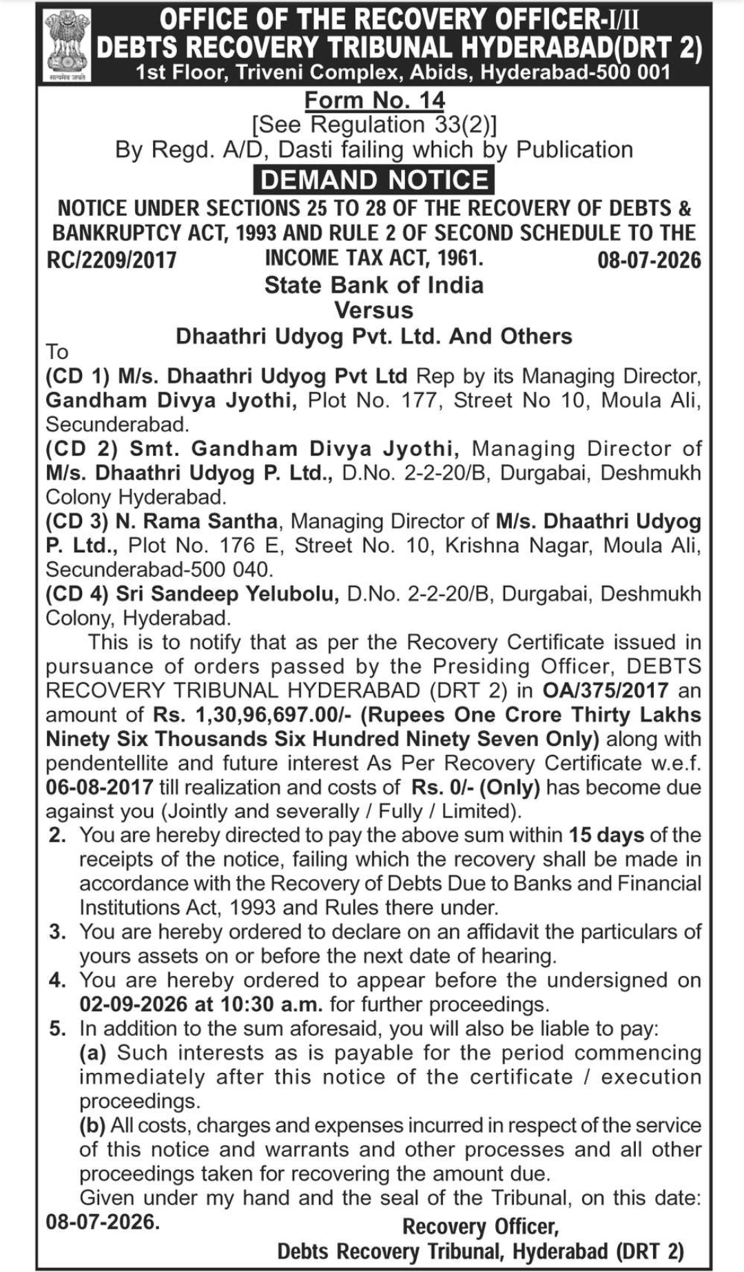 Demand Notice – State Bank of India vs Dhaathri Udyog Pvt. Ltd. & Others