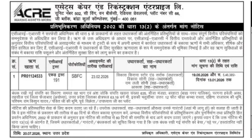 Demand Notice under SARFAESI Act, 2002 – Assets Care & Reconstruction Enterprise Ltd. (ACRE ARC)