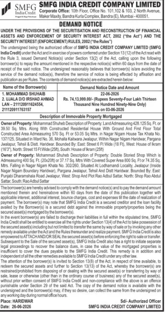 DEMAND NOTICE UNDER SARFAESI ACT, 2002