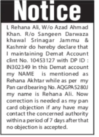 DEMAT ACCOUNT NAME CORRECTION NOTICE Rehana Ali