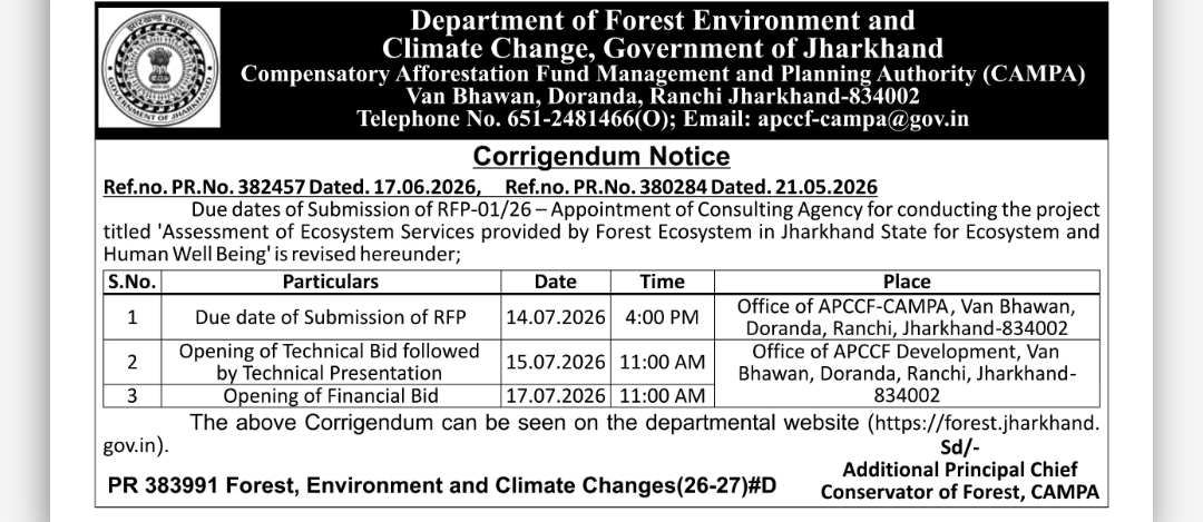 Department of Forest, Environment & Climate Change, Government of Jharkhand – CAMPA | Corrigendum Notice