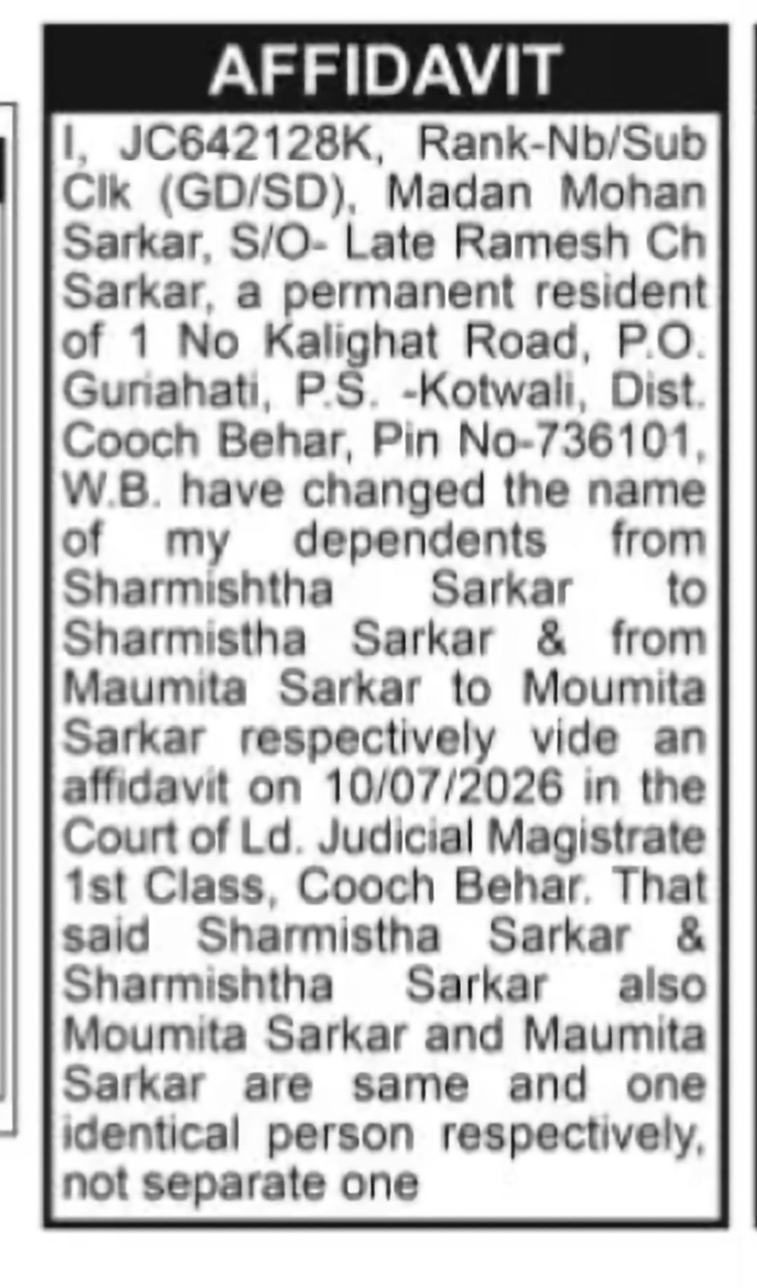 Dependent Name Correction Notice – Madan Mohan Sarkar