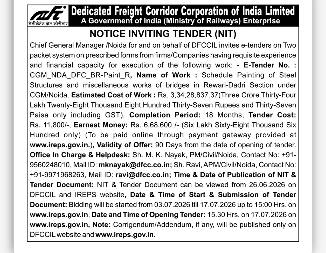 DFCCIL INVITES E-TENDER FOR SCHEDULE PAINTING OF BRIDGES IN REWARI–DADRI SECTION