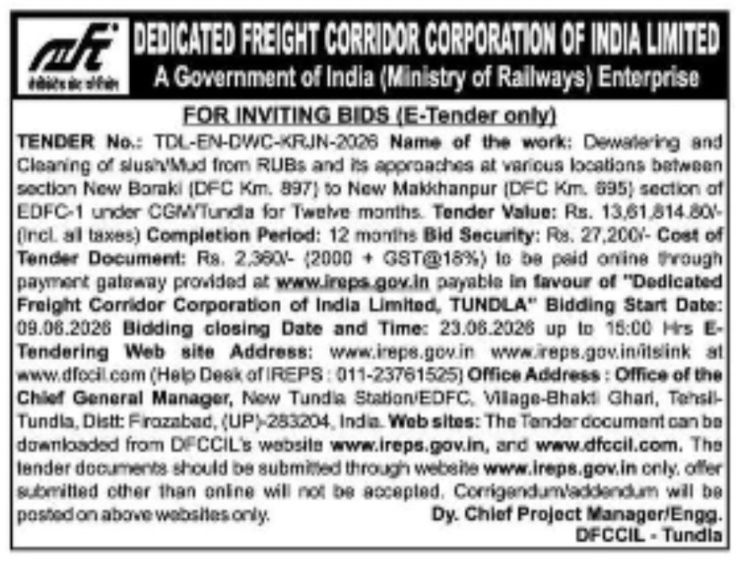 DFCCIL Invites E-Tenders for Dewatering and Cleaning Work in EDFC Section