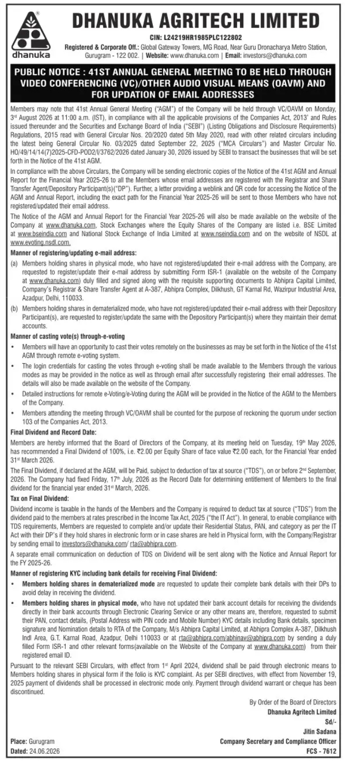 Dhanuka Agritech Announces 41st AGM and Final Dividend for FY 2025–26