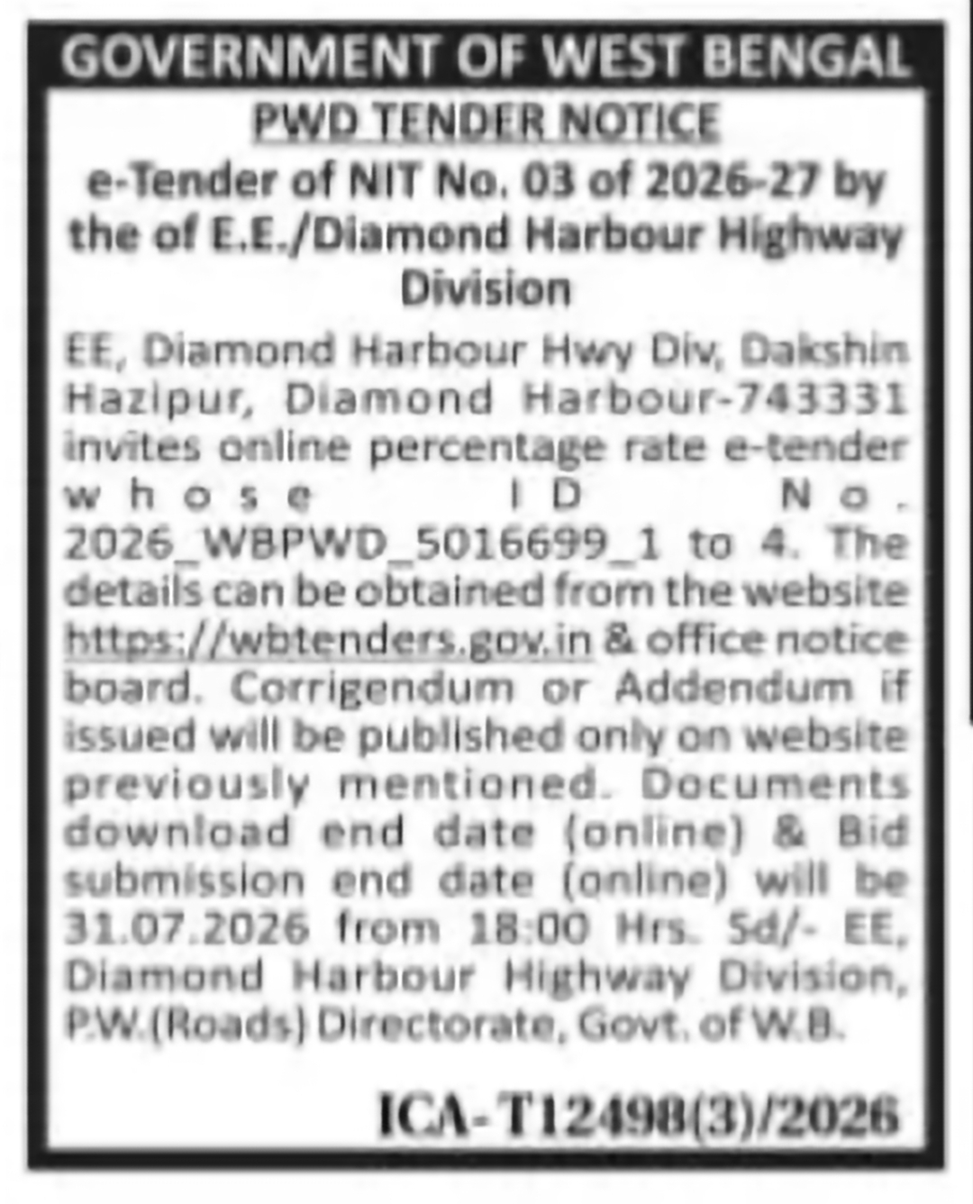 Diamond Harbour Highway Division Road Works Tender