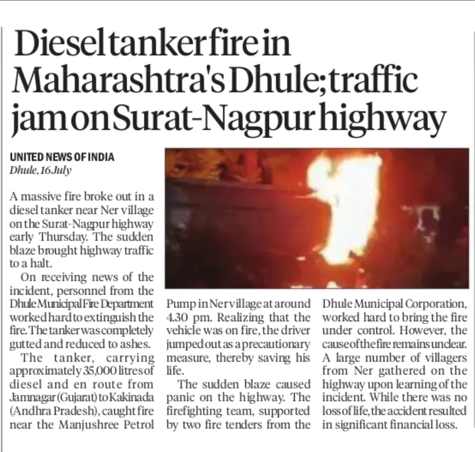 Diesel Tanker Catches Fire on Surat–Nagpur Highway in Maharashtra's Dhule
