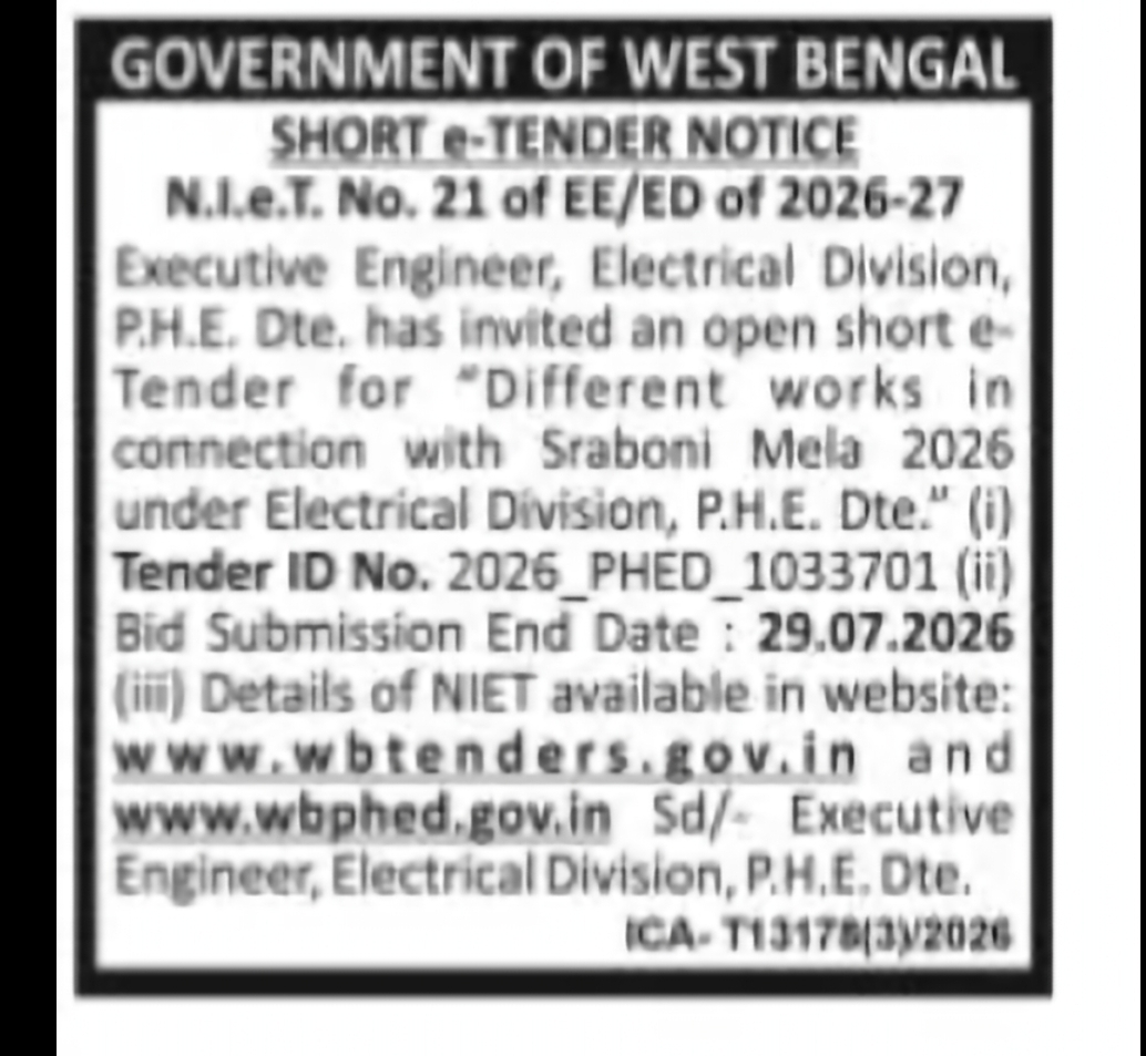 Different Works for Sraboni Mela 2026 under Electrical Division, P.H.E. Directorate