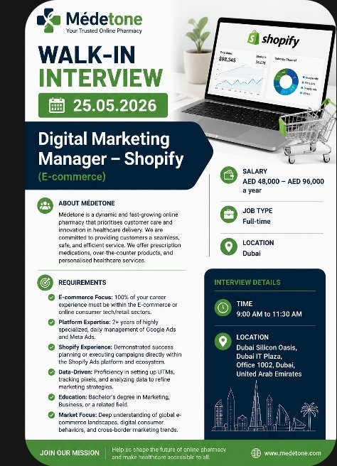 Digital Marketing Manager (Shopify E-commerce) – Walk-in Interview, Dubai