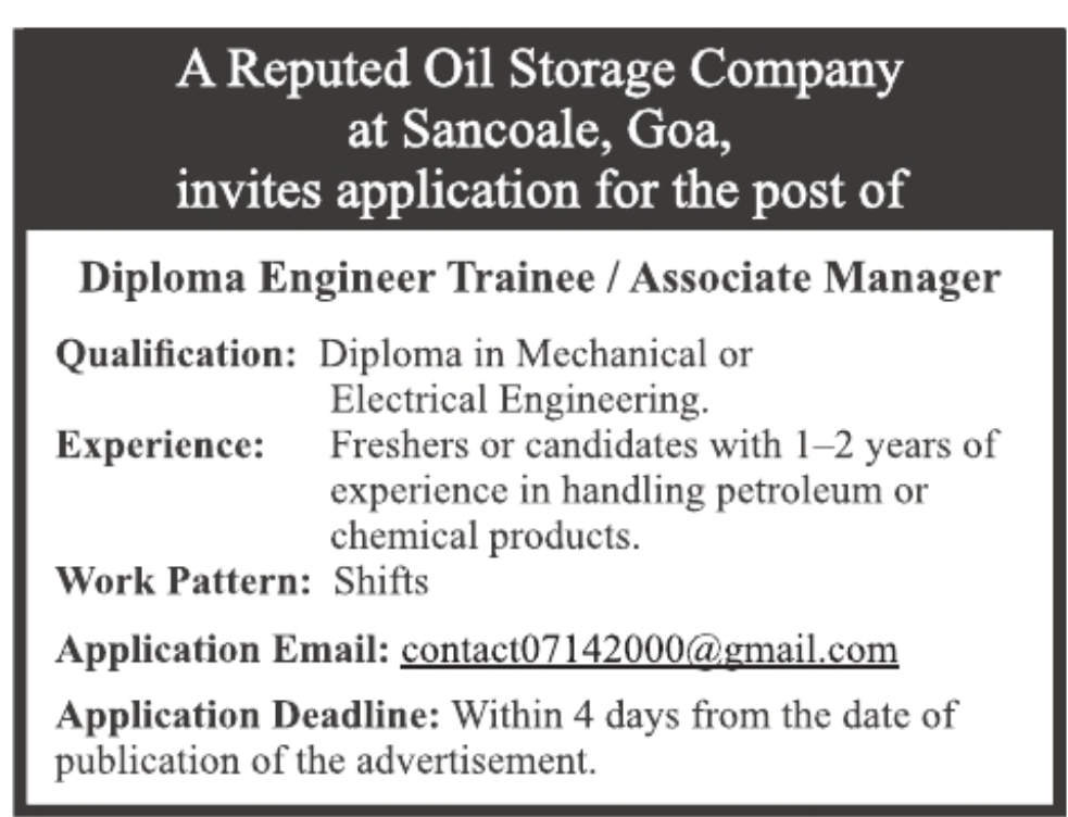 Diploma Engineer Trainee / Associate Manager Jobs – Oil Storage Company, Goa