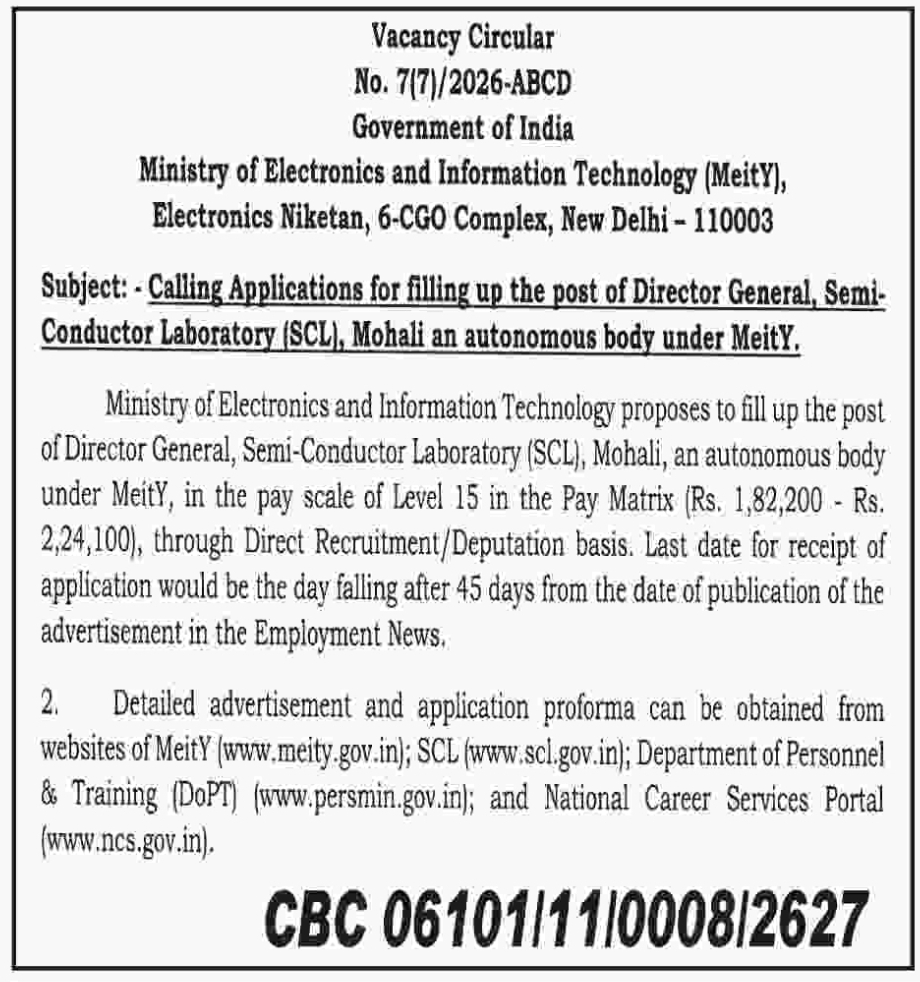Director General Vacancy at Semi-Conductor Laboratory (SCL), Mohali | MeitY Recruitment 2026