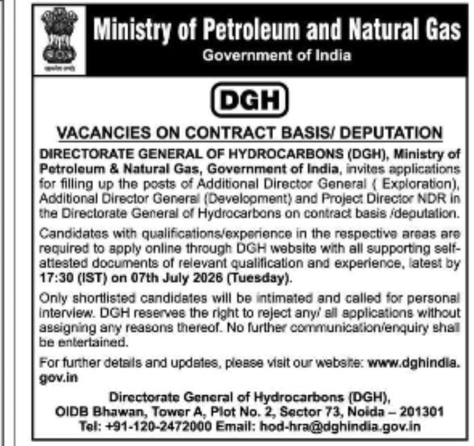 Directorate General of Hydrocarbons (DGH) Recruitment 2026