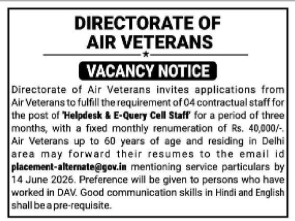 Directorate of Air Veterans – Vacancy Notice
