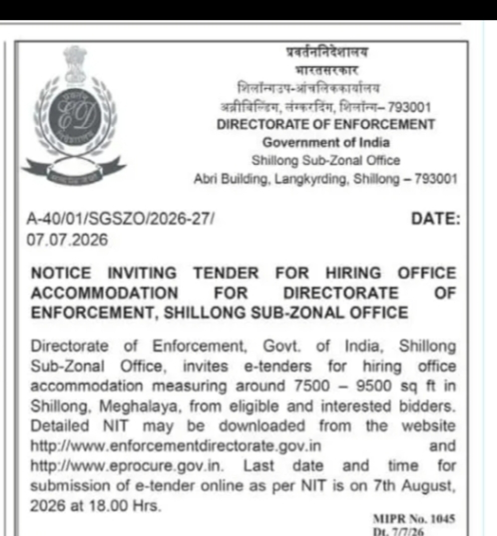 Directorate of Enforcement Invites Tender for Office Accommodation in Shillong