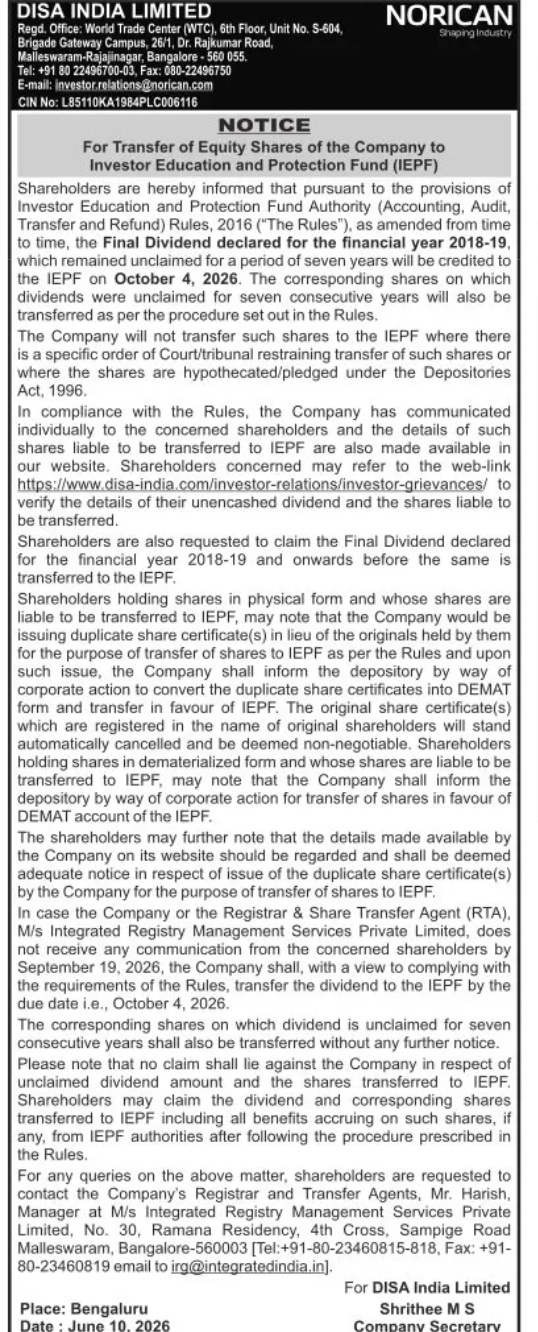 DISA India Limited – Notice to Shareholders (IEPF Transfer of Shares)