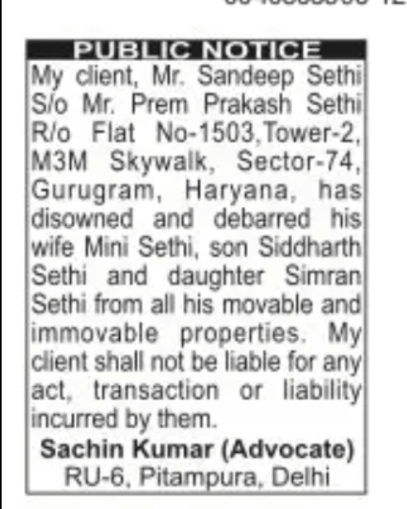 DISOWNMENT & DEBARMENT PUBLIC NOTICE – SANDEEP SETHI