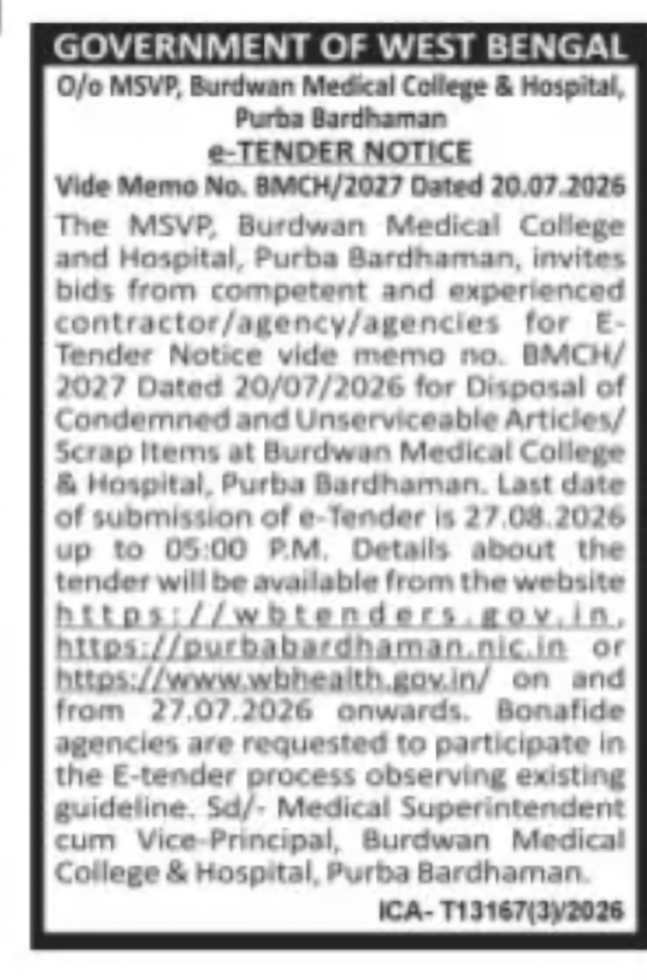 Disposal of Scrap Items Tender – Burdwan Medical College & Hospital