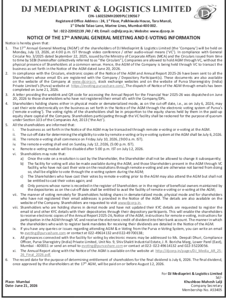 DJ Mediaprint & Logistics Limited – 17th Annual General Meeting (AGM) & E-Voting Notice 2026