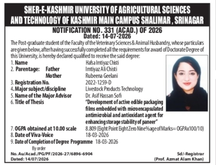 Doctorate Degree Award Notification – SKUAST Kashmir