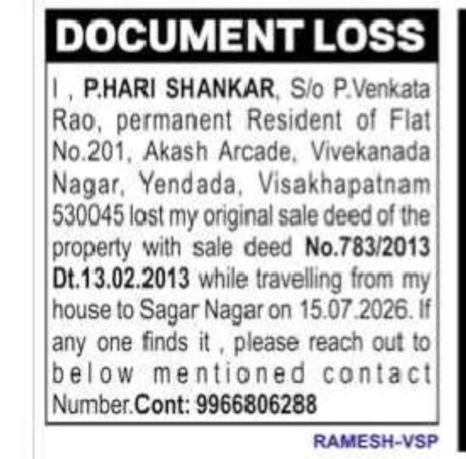 Document Loss – Original Sale Deed Missing