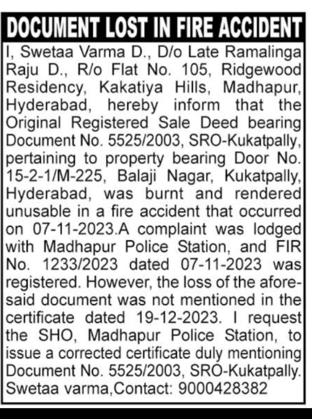 DOCUMENT LOST IN FIRE ACCIDENT