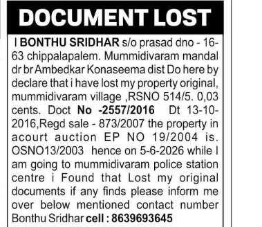 Document Lost Notice – Bonthu Sridhar