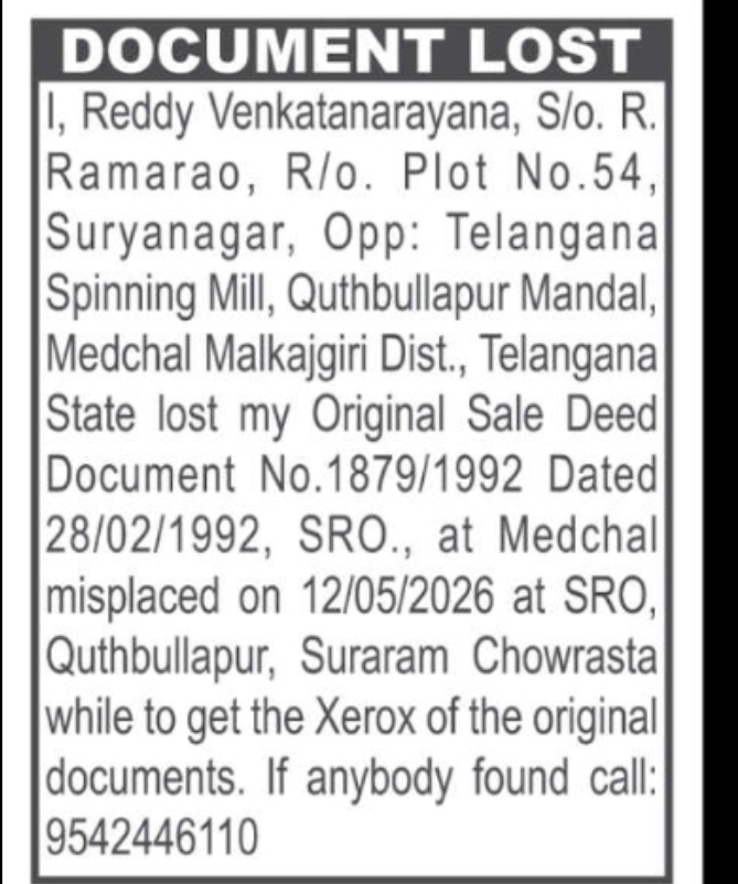 Document Lost Notice- Document No. 1879/1992