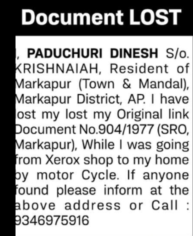 DOCUMENT LOST NOTICE