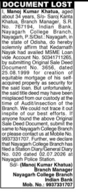 DOCUMENT LOST – ORIGINAL SALE DEED Document No. 3656 dated 25.08.1999)