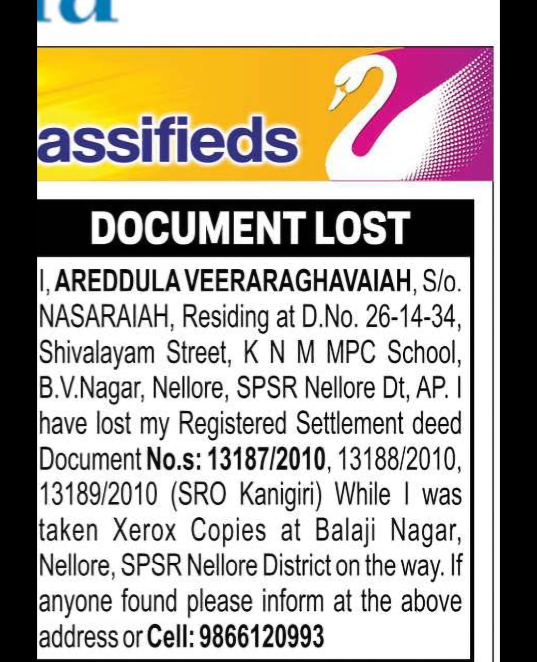 DOCUMENT LOST – REGISTERED SETTLEMENT DEED