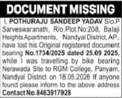 Document Missing Notice – Original Registered Document Lost