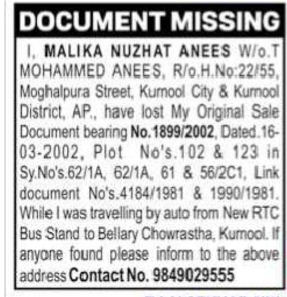 Document Missing – Original Sale Deed Lost in Kurnool