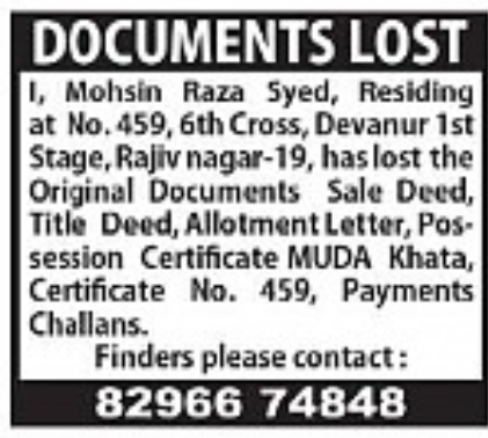 Documents Lost Notice – Rajivnagar, Mysore