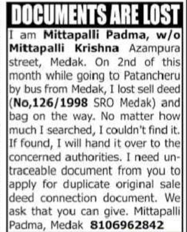 DOCUMENTS LOST NOTICE